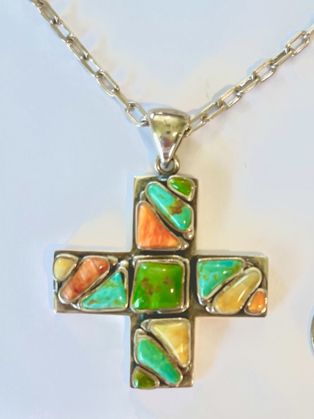 LARGE BARSE USA 925 Sterling Silver TURQUOISE & GEMSTONES Cross Pendant Necklace